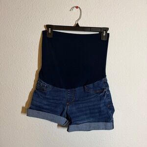Song Maternity Denim Shorts Blue Full Belly Panel Rolled Cuff Size S